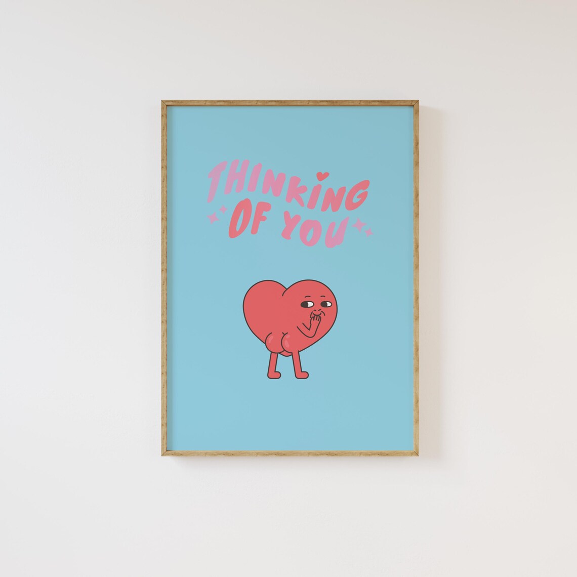 Thinking Of You Cute Red Heart Character Blue Cartoon Art Poster
