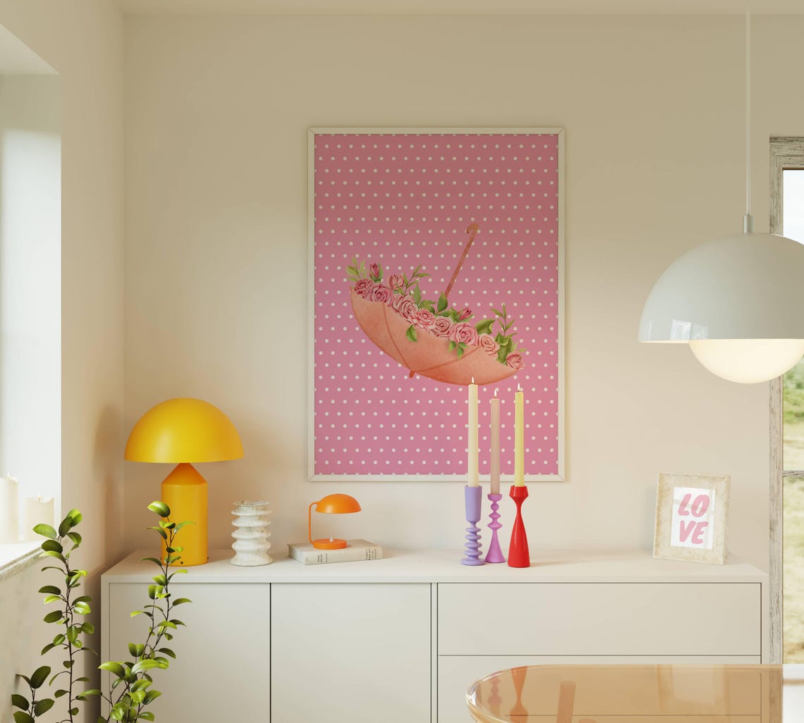 Pink Rose Umbrella Whimsical Floral Polka Dot Dreamy Art Poster - Image 2