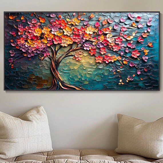 Colorful Tower Tree 3d Texture Art Oil Painting Large Living Room Decor Original Modern Boho Style Abstract Nature Hand Wall Decor