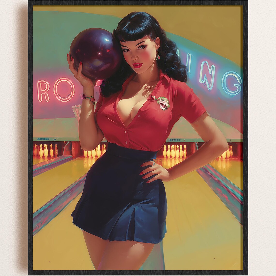 1950s Bowling Pinup Girl Rockabilly Glamour Neon Retro Sports Hall Poster