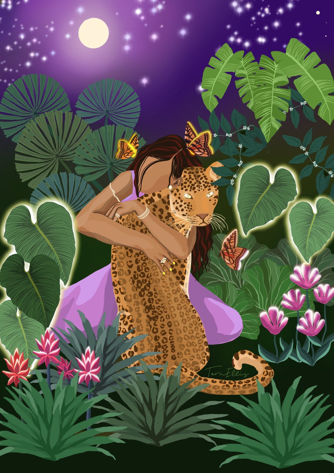 Woman Hugging Leopard Moonlit Jungle Butterflies Spiritual Poster - Image 3