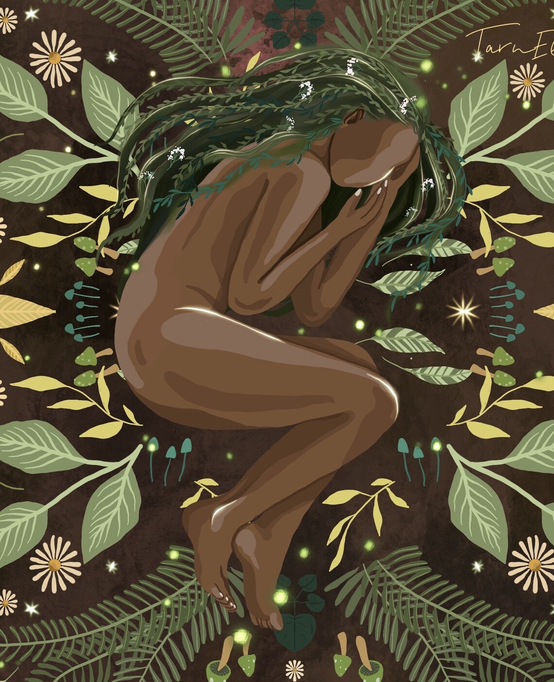 Woven Into Nature Folk Woman Art Print, Boho Retro - Image 3