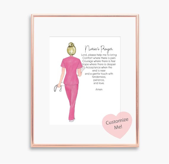 Nurse's Prayer Watercolor Poster Blonde Nurse Pink Scrubs Custom Gift