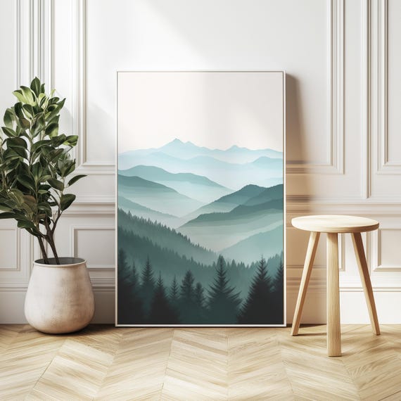 Minimalist Misty Mountain Forest Painting Soft Gradient Of Greens And Blues Retro Landscape With Pastel Dawn Peaceful Wall Art Serene