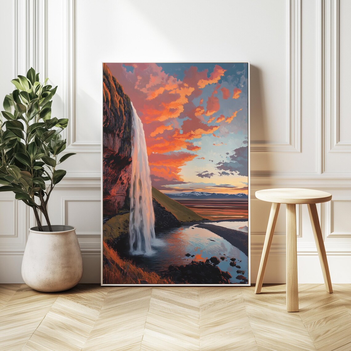 Seljalandsfoss Waterfall at Sunset, Icelandic Landscape