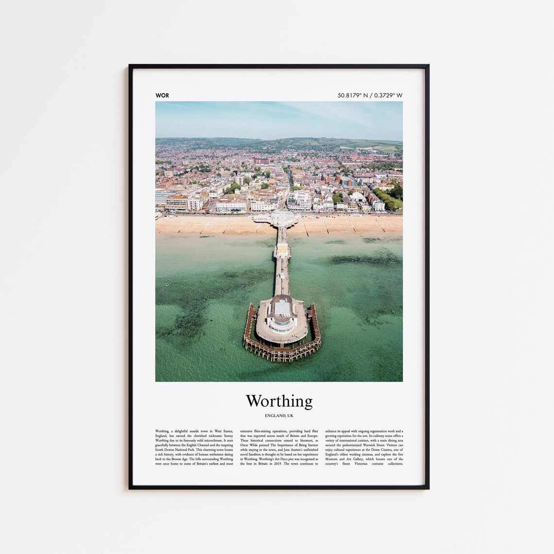Worthing England Seaside Pier Aerial Minimal Photo Travel Poster