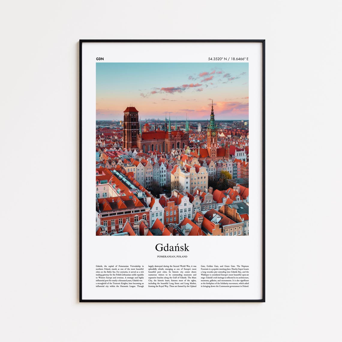 Gdańsk Poland Old Town Sunset Red Rooftops Aerial Photo Poster