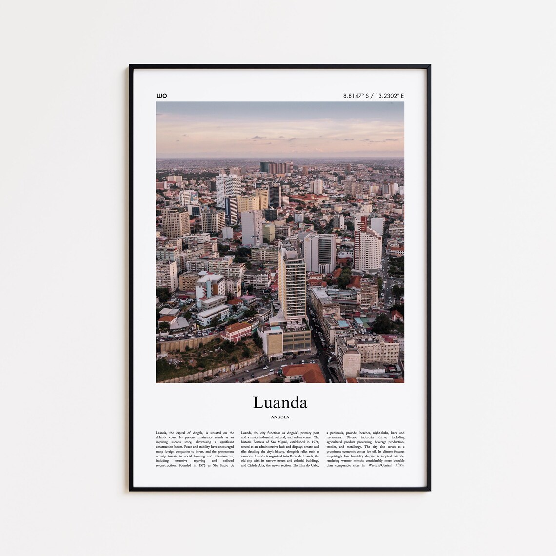 Luanda Angola Color Photo City Skyline Travel Poster with Coordinates