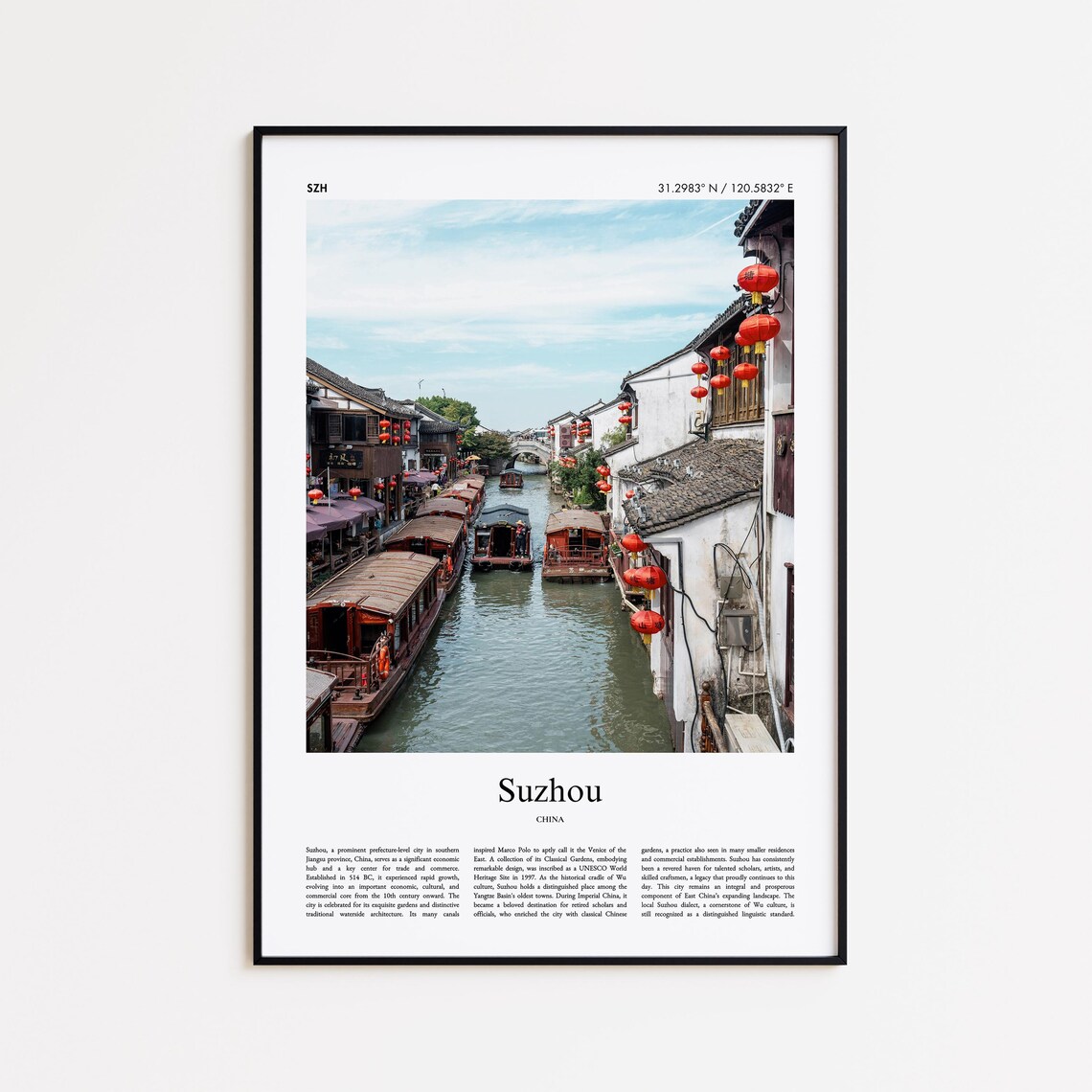 Suzhou China Ancient Canal Red Lantern Boats Photo Travel Poster