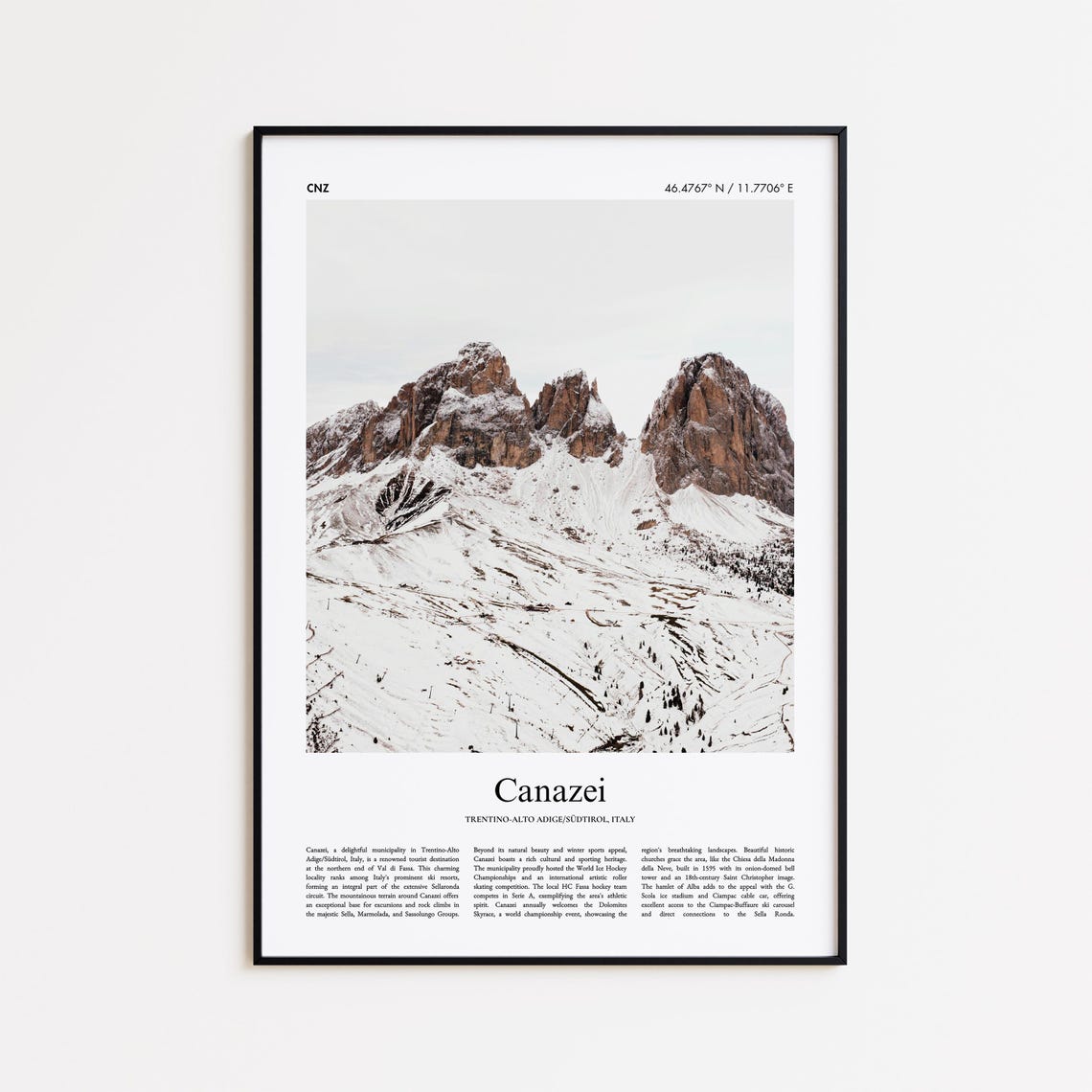 Canazei Italy Snowy Dolomites Peaks Winter Minimalist Poster