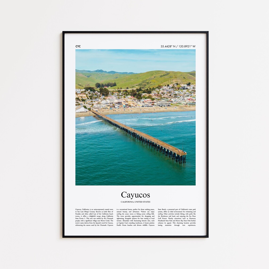 Cayucos California Historic Pier Beach Town Aerial Travel Poster