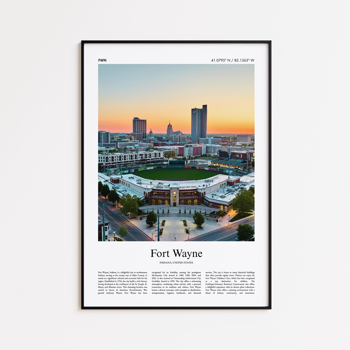 Fort Wayne Indiana Ballpark Sunset Skyline Photo Travel Poster