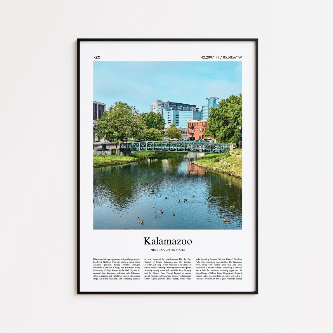 Kalamazoo Michigan Downtown River Bridge Photo Travel Poster