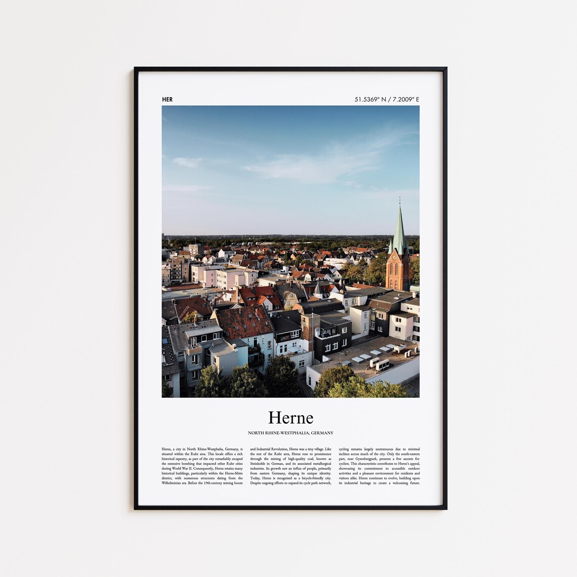 Herne Germany Aerial Rooftops Church Spire Photography Travel Print