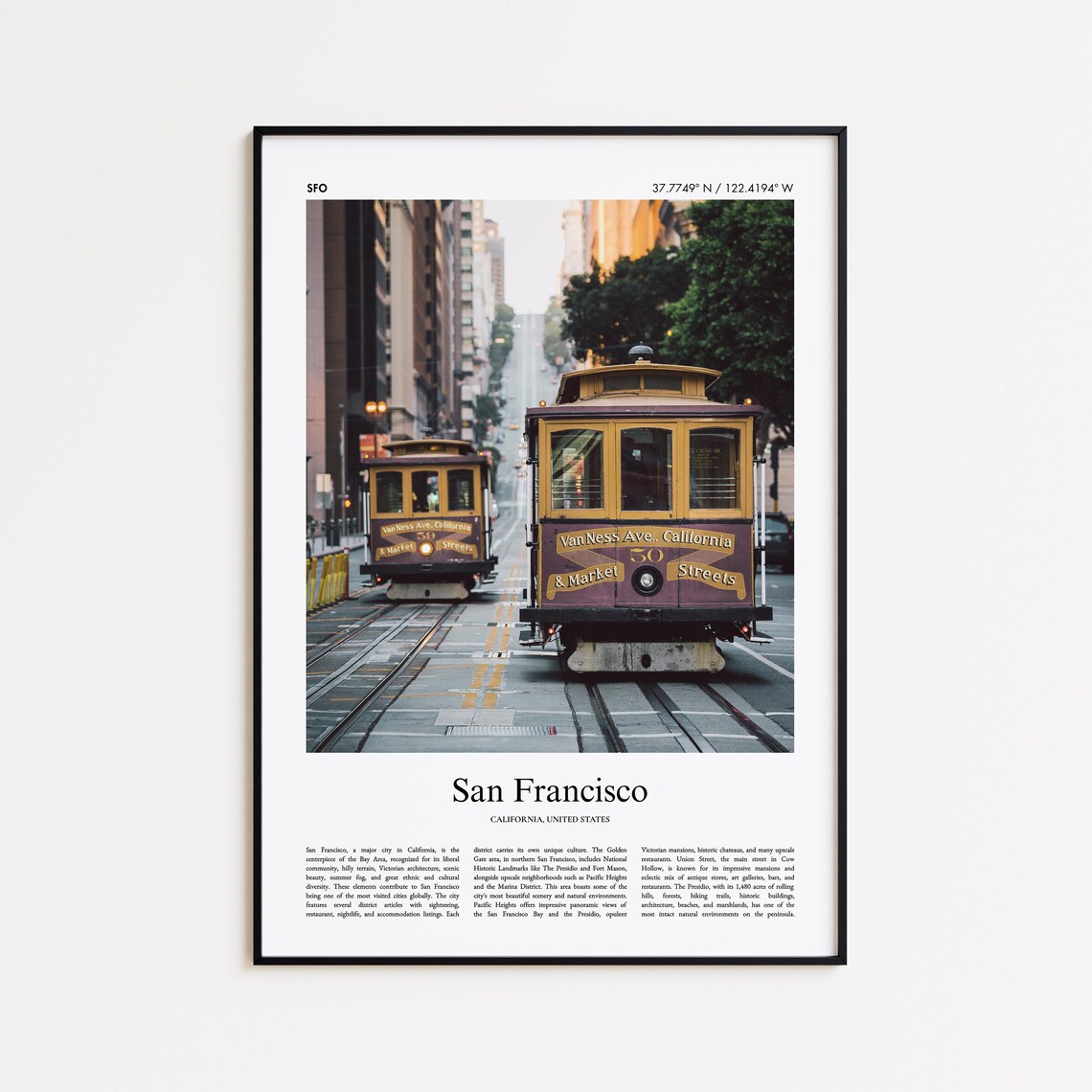 San Francisco California Cable Car Street Hill City Photography Poster