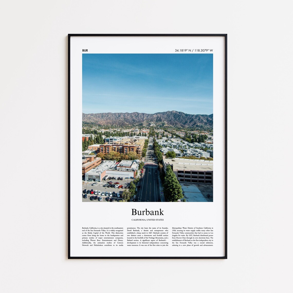 Burbank California Aerial City View with Mountains Minimalist Poster