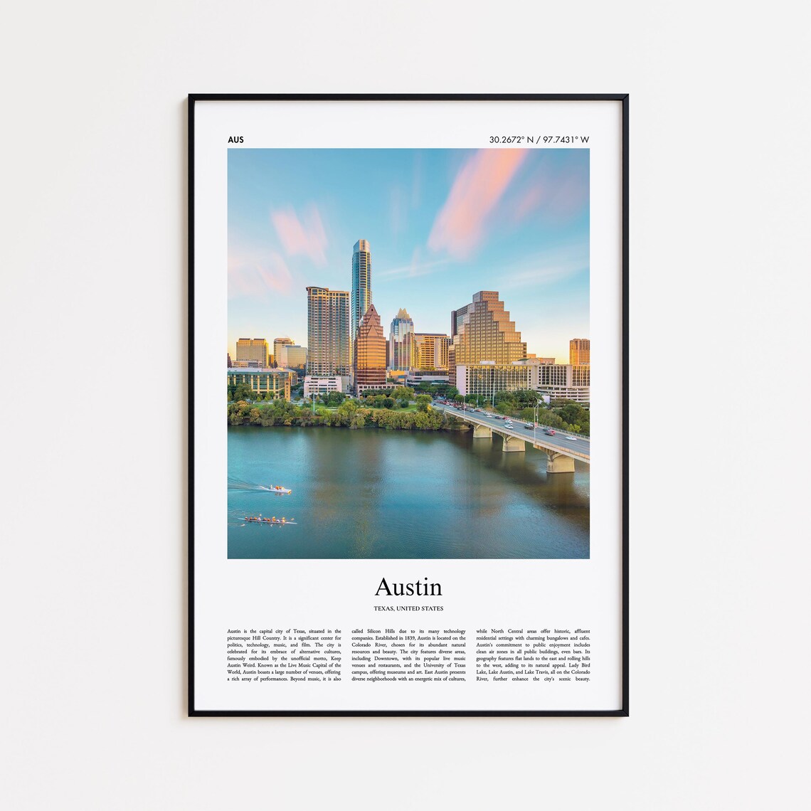 Austin Texas Downtown Skyline Over Lady Bird Lake Travel Poster