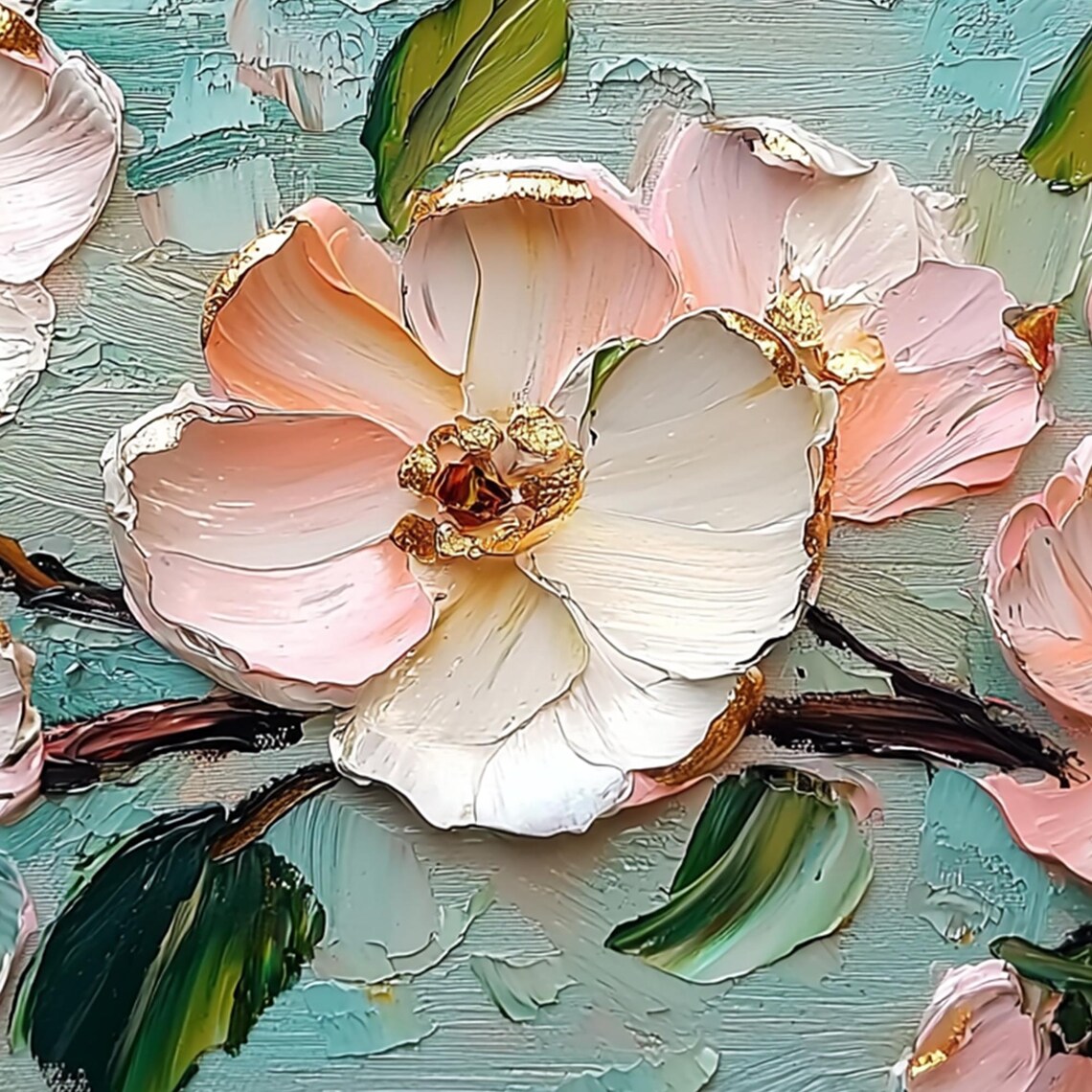 Pink Blossoms on Branches Over Teal Impasto Floral Oil Painting Poster - Image 8