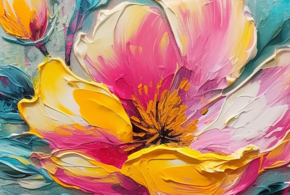 Vivid Pink Yellow Blossom Teal Leaves Bold Floral Art Poster - Image 6