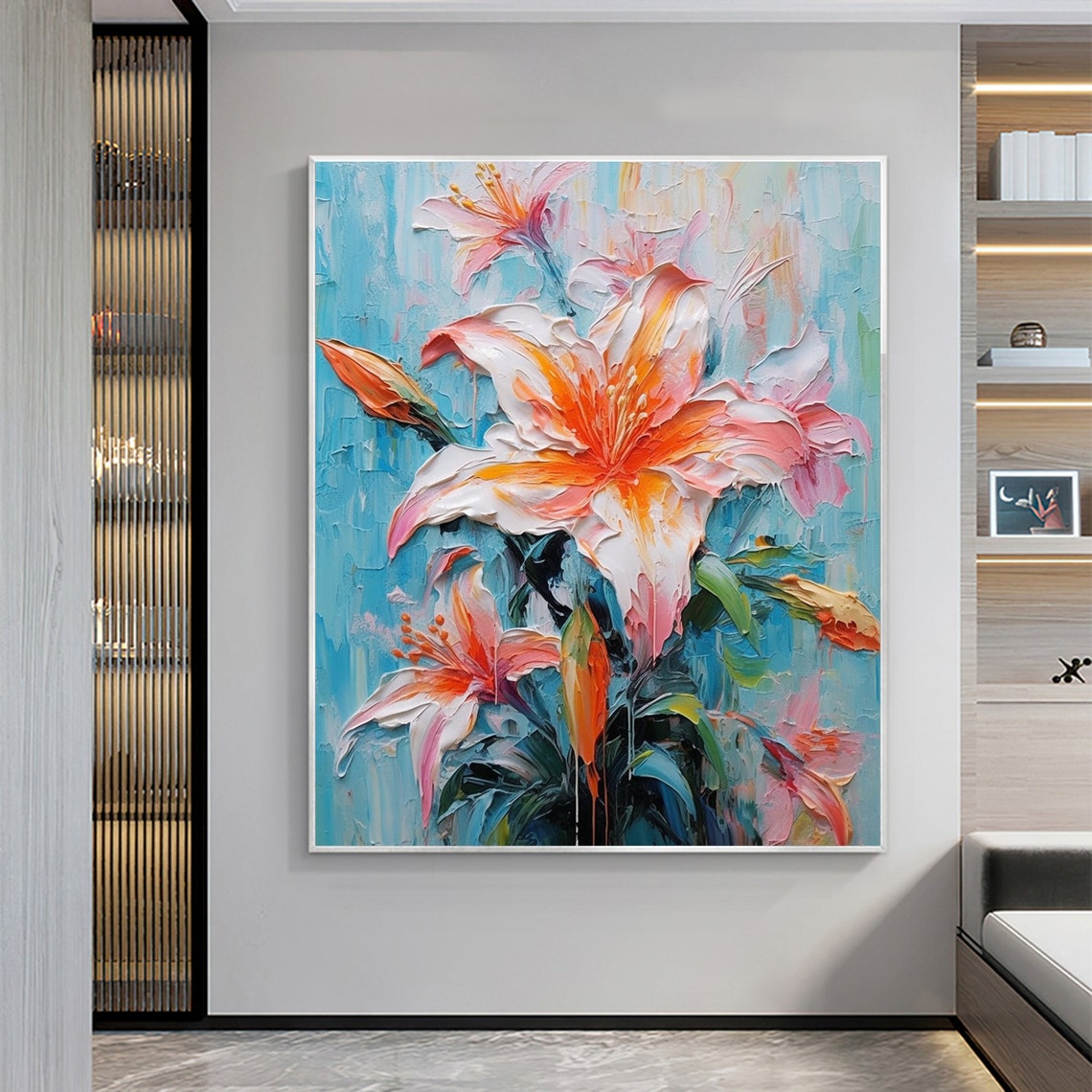 Orange Pink Lily Blooms Vivid Blue Background Impasto Poster - Image 5