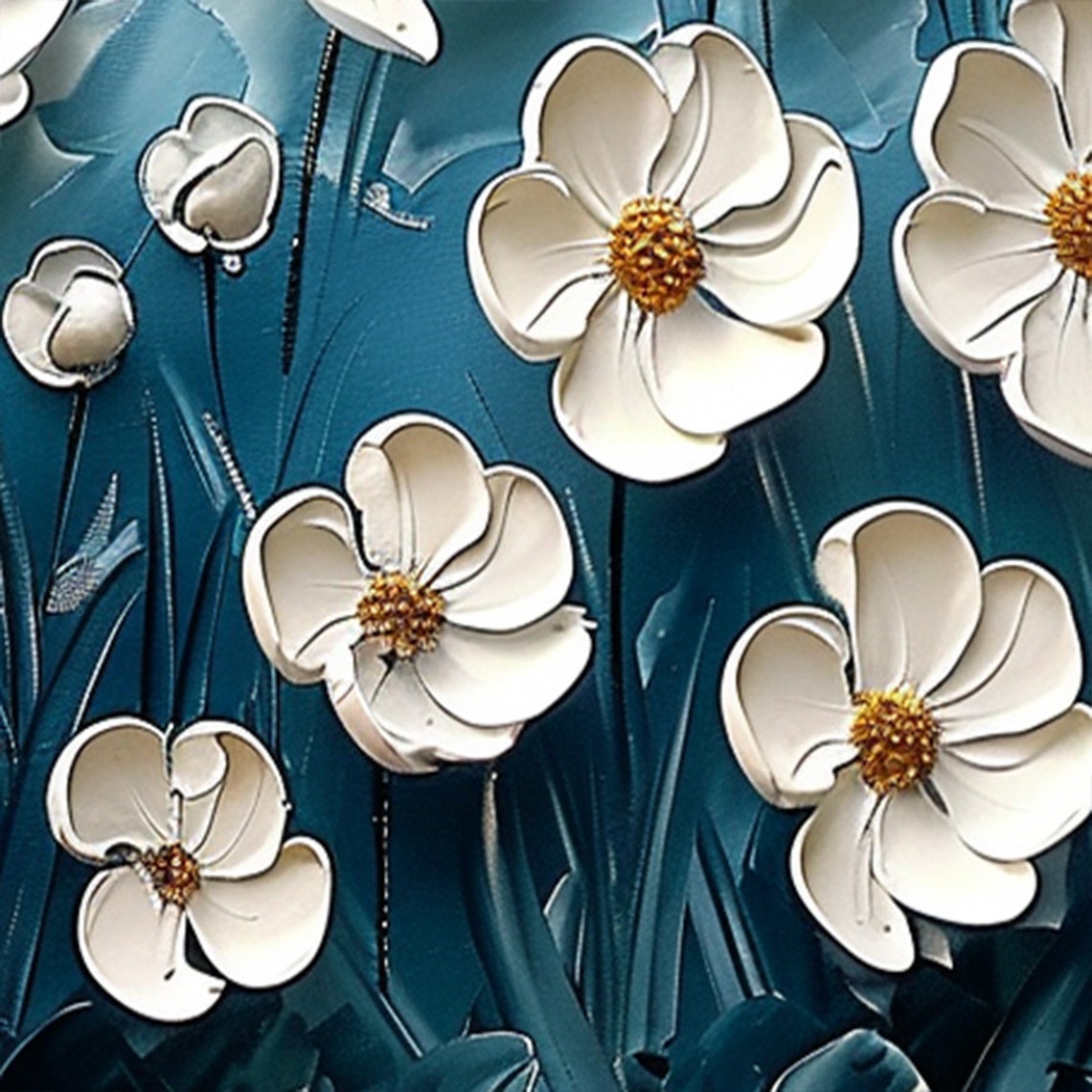 White Daisies on Bright Teal 3D Textured Floral Oil Painting Poster - Image 6