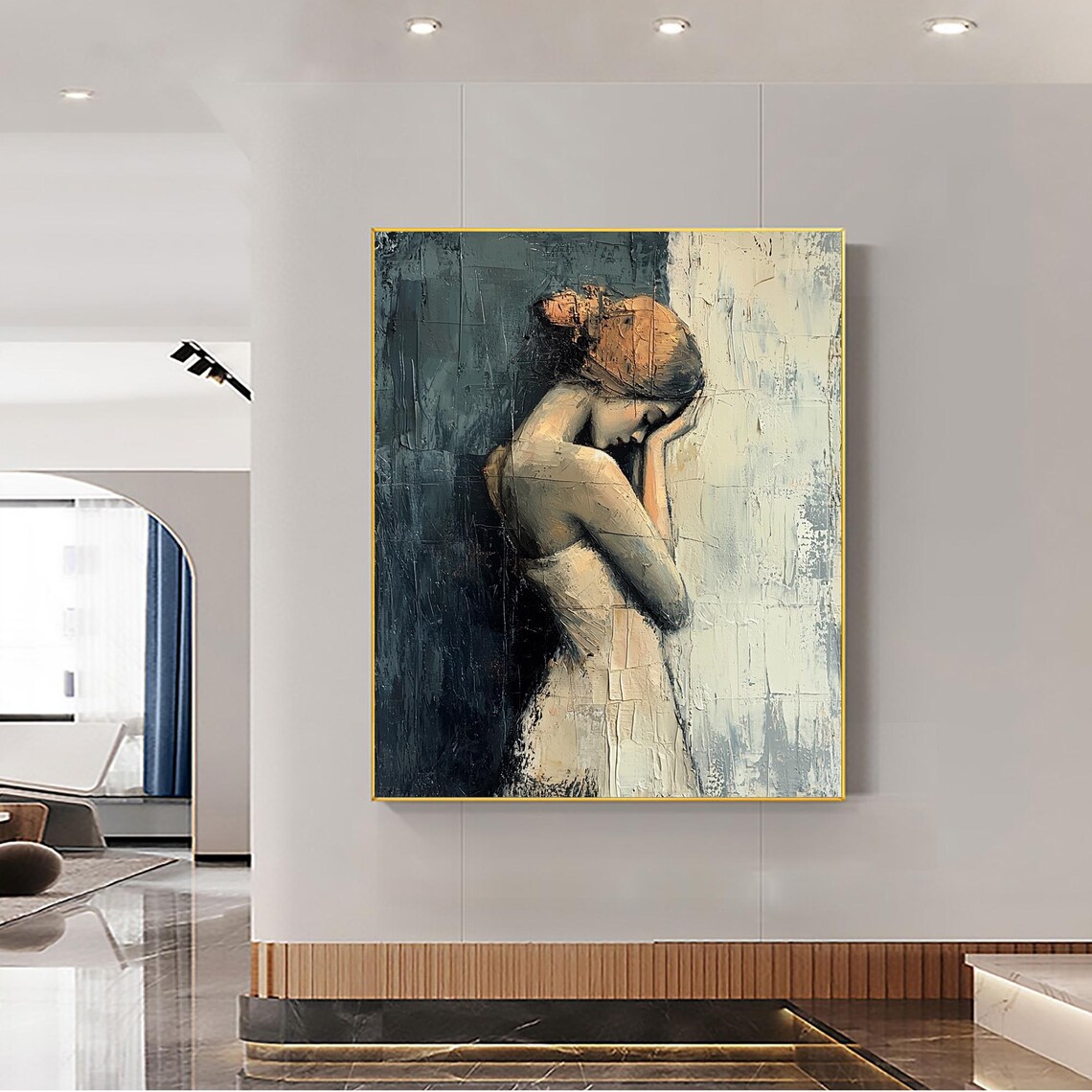 Pensive Blonde Woman Portrait Dark Teal Textured Oil Art Poster - Image 2