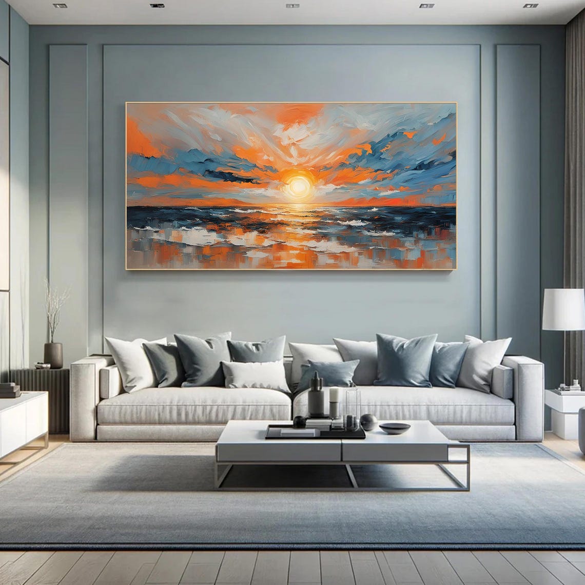 Golden Sunset Reflected on Calm Ocean Waves Oil Painting Poster - Image 4