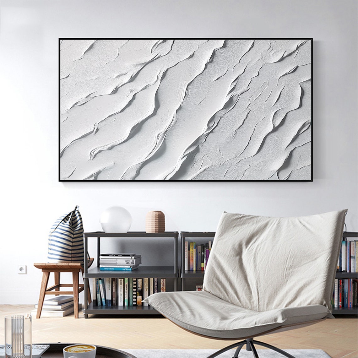 White 3D Textured Wave Abstract Minimalist Oil Painting Poster - Image 7