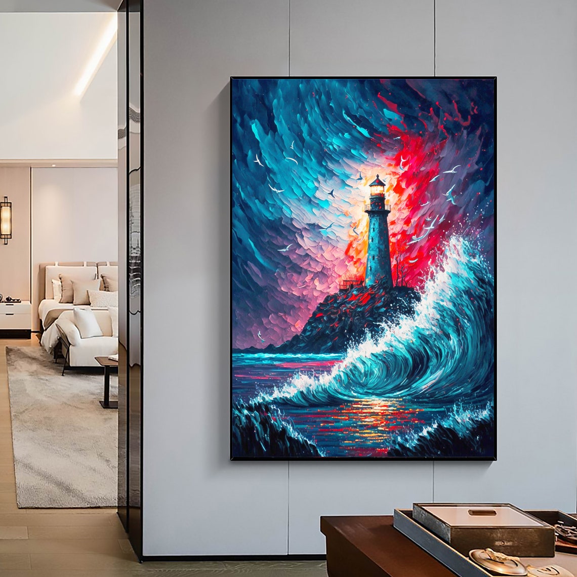 Original Lighthouse Oil Painting On Abstract Seascape Painting Large Wall Art Boho Decor Custom Painting Living Room Wall Decor - Image 3