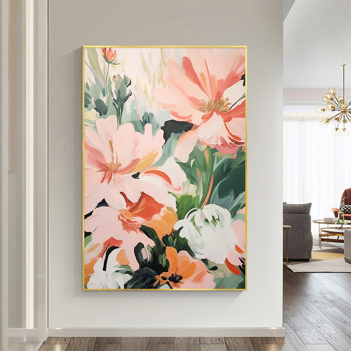 Soft Pink Blossoms Vertical Abstract Floral Oil Painting Poster - Image 4