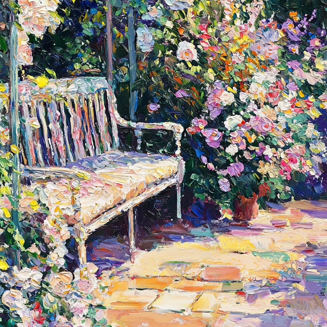 Sunlit Garden Bench Under a Flowering Arbor Oil Painting Poster - Image 5