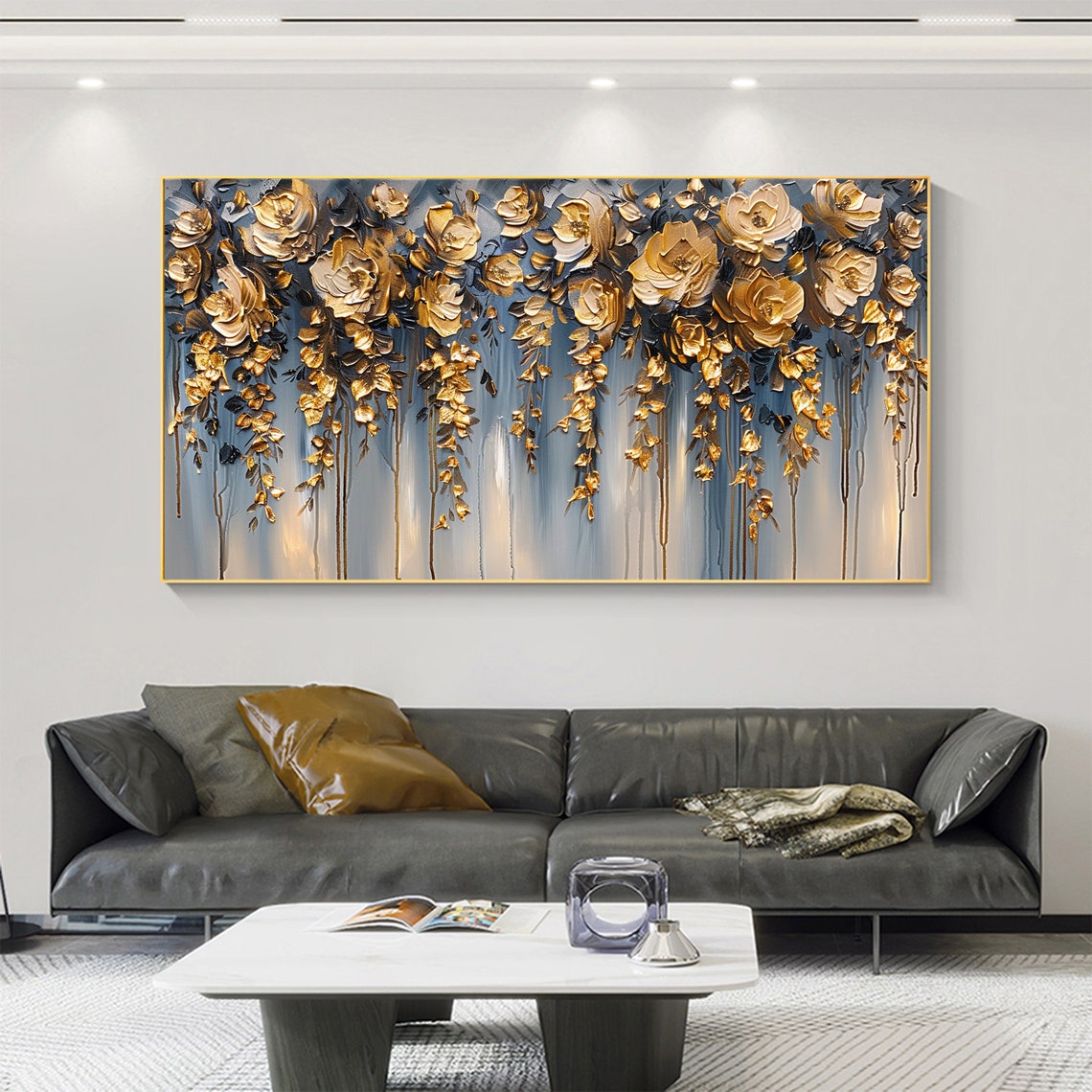 Golden Hanging Flowers Blue Gray Elegant Floral Canvas Poster - Image 2