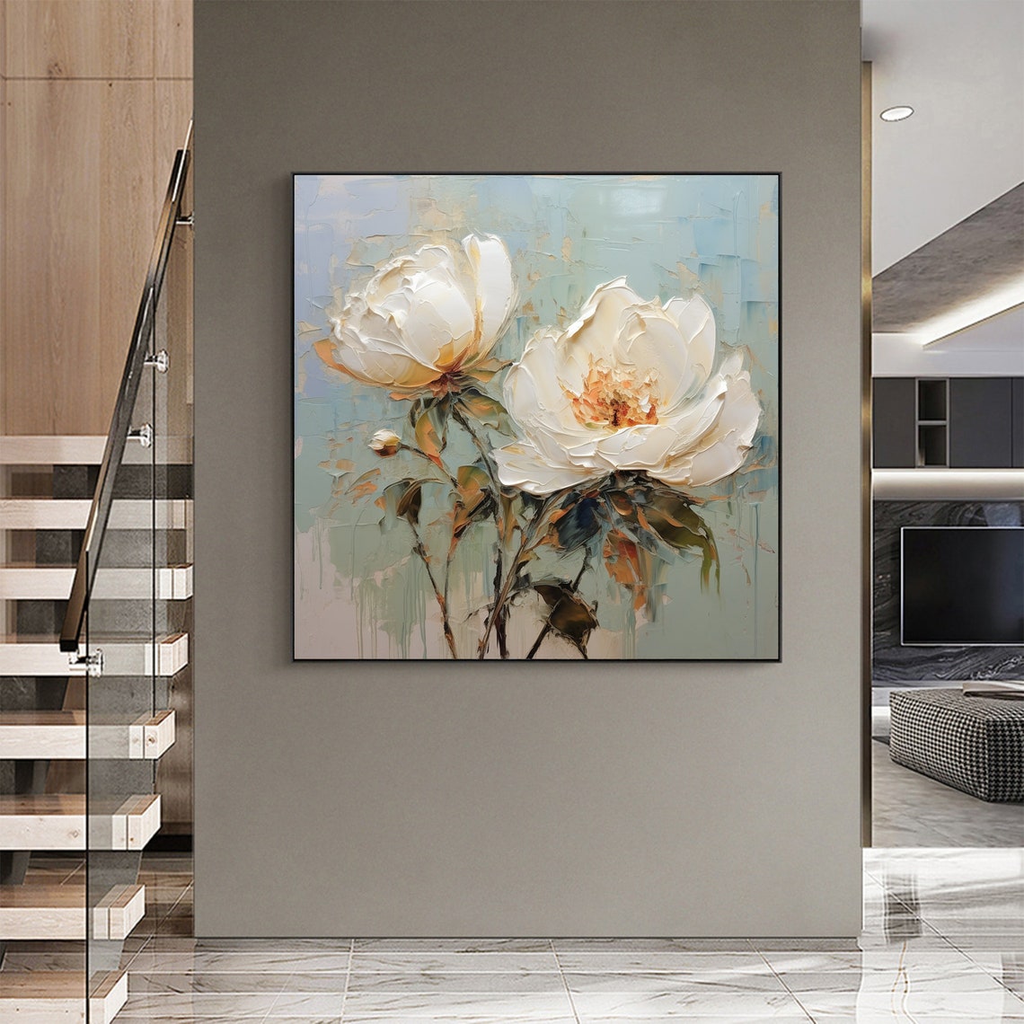 White Peony Blossoms Blue Gray Soft Textured Floral Art Poster - Image 4