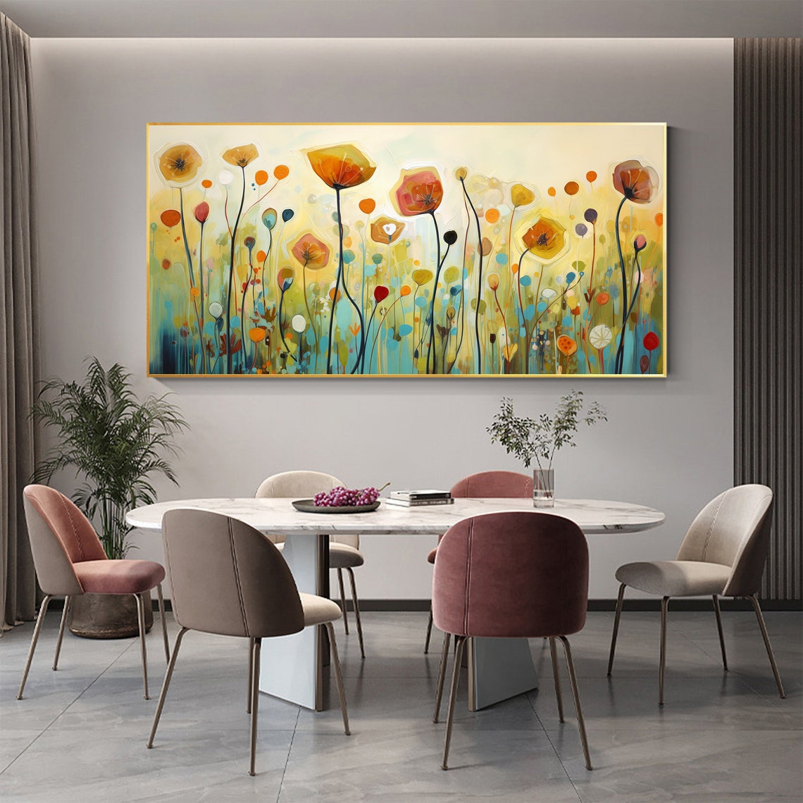 Orange Poppy Meadow Tall Stems Teal Green Floral Field Poster - Image 3