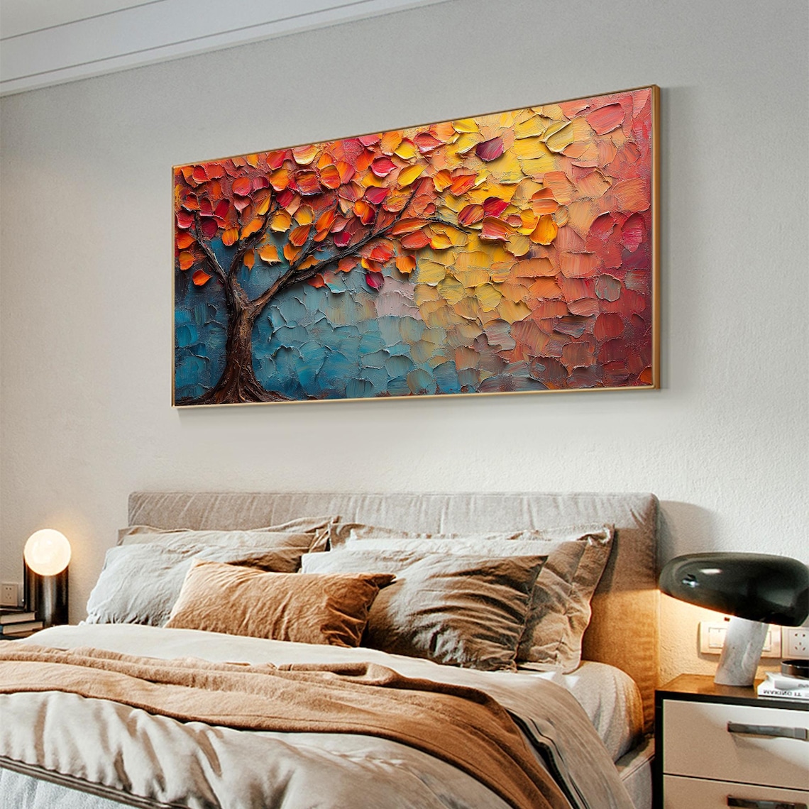 Tree of Life Red Orange Leaves Teal Textured Impasto Art Poster - Image 7