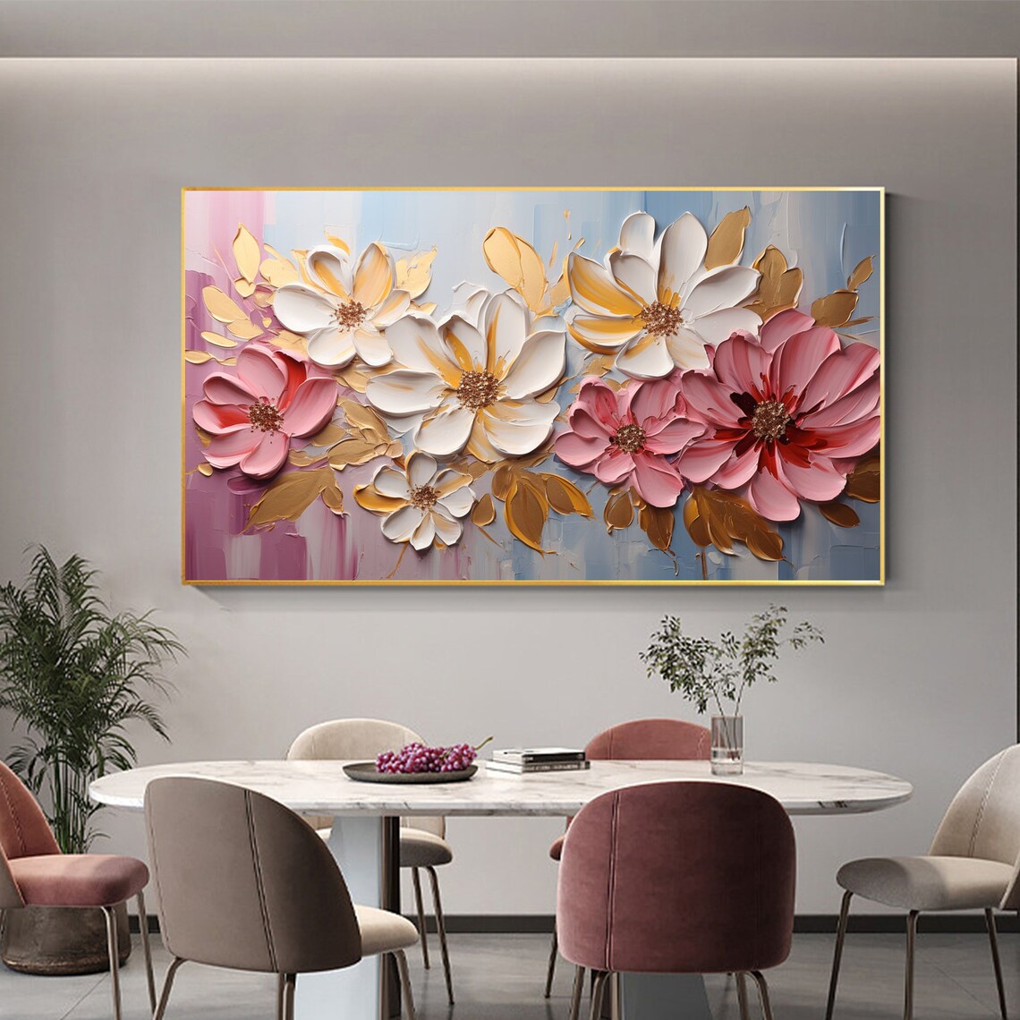 Pink and White Blossoms Gold Leaves Impasto Oil Painting Poster - Image 3