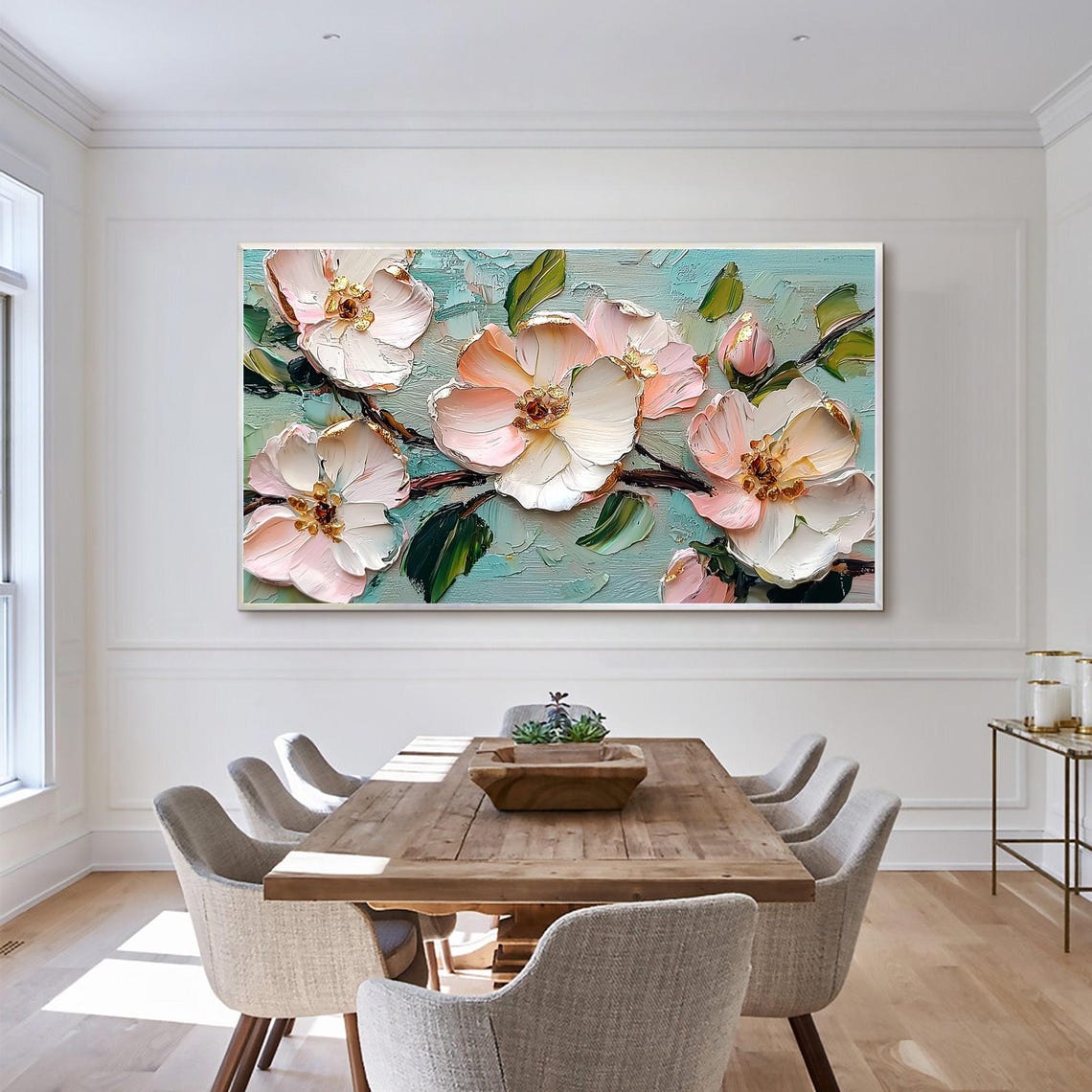 Pink Blossoms on Branches Over Teal Impasto Floral Oil Painting Poster - Image 4