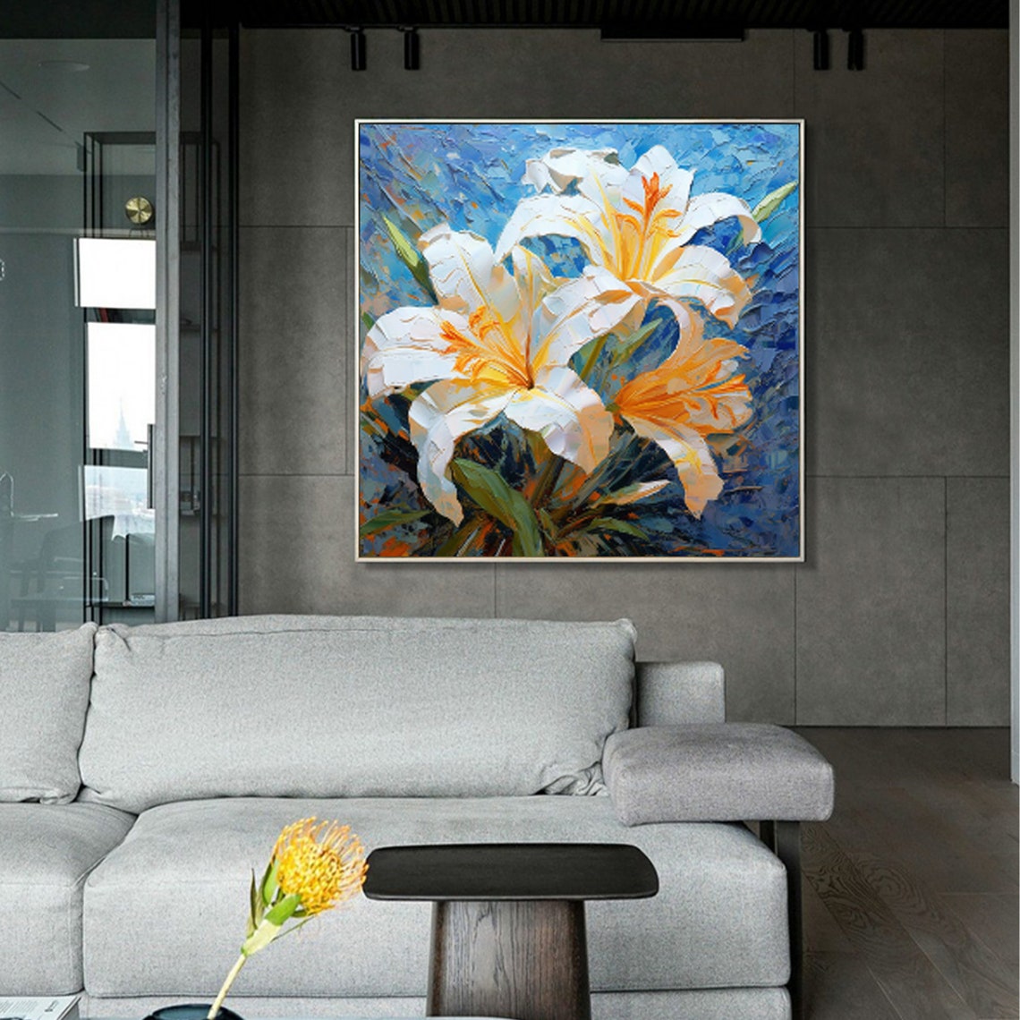 White Orange Lily Blooms Deep Blue Textured Floral Art Poster - Image 2