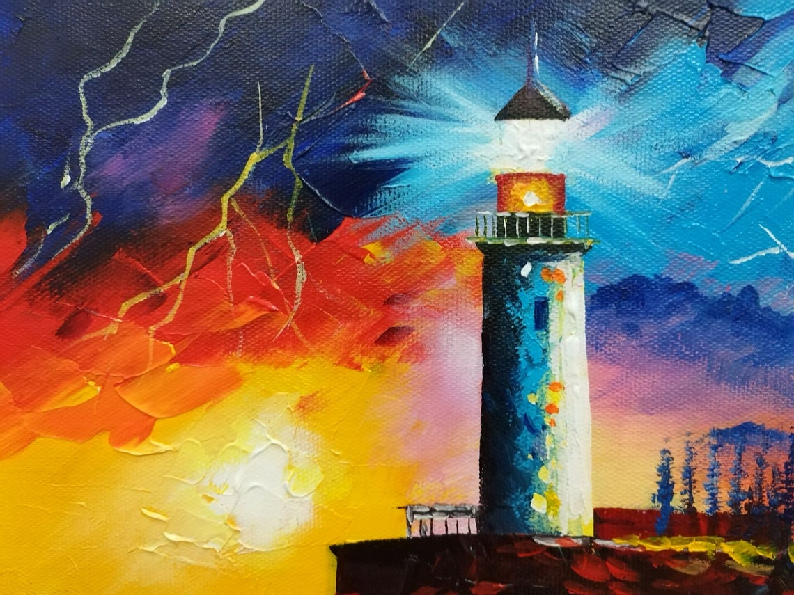 Abstract Lighthouse Oil Painting On Original Colorful Ocean Painting Large Wall Art Hand Painting Custom Painting Home Wall Decor - Image 5