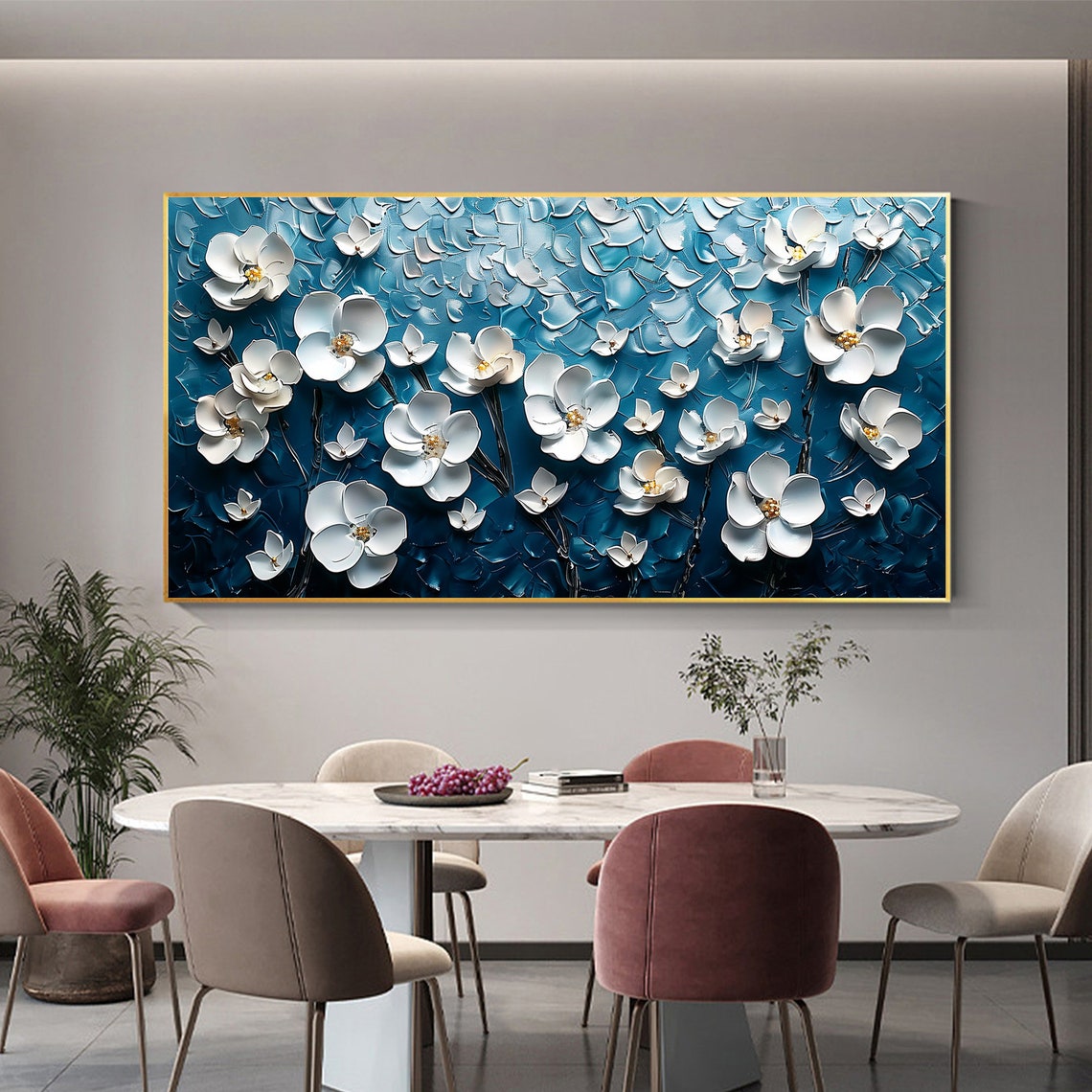 White Blossoms on Navy Blue 3D Textured Floral Oil Painting Poster - Image 2