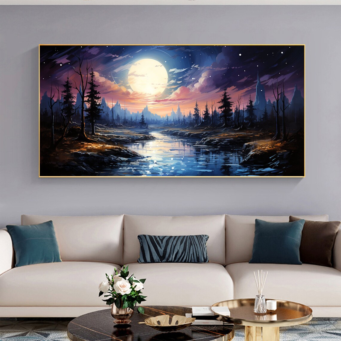 Abstract Night Lake Landscape Oil Painting On Large Wall Art Original Forest Painting Sky Wall Art Boho Wall Decor Living Room Art - Image 4
