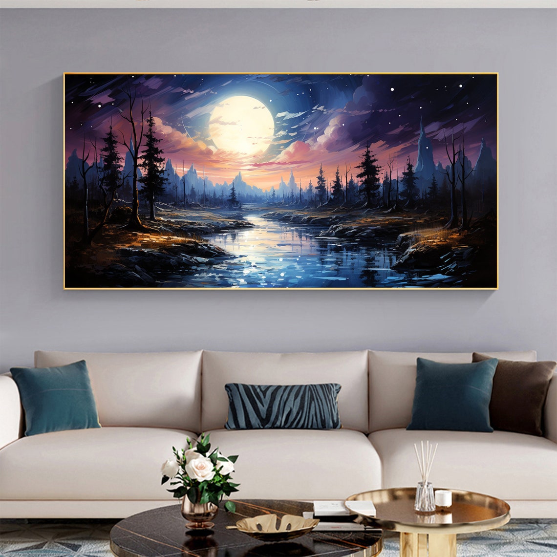 Full Moon Over a Pine Forest Lake Night Landscape Oil Painting Poster - Image 4