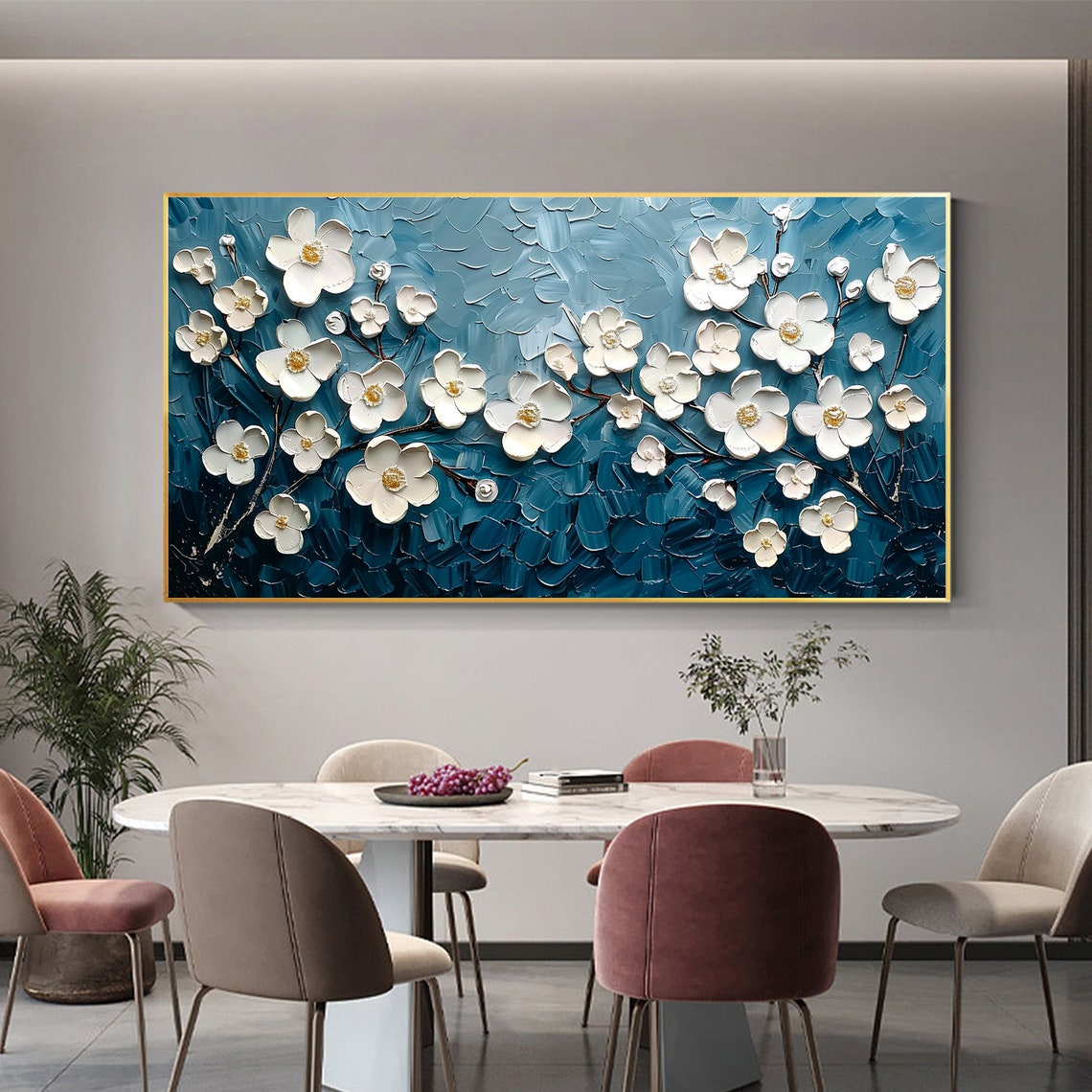 White Blossom Branches on Teal Blue Textured Oil Painting Poster - Image 6