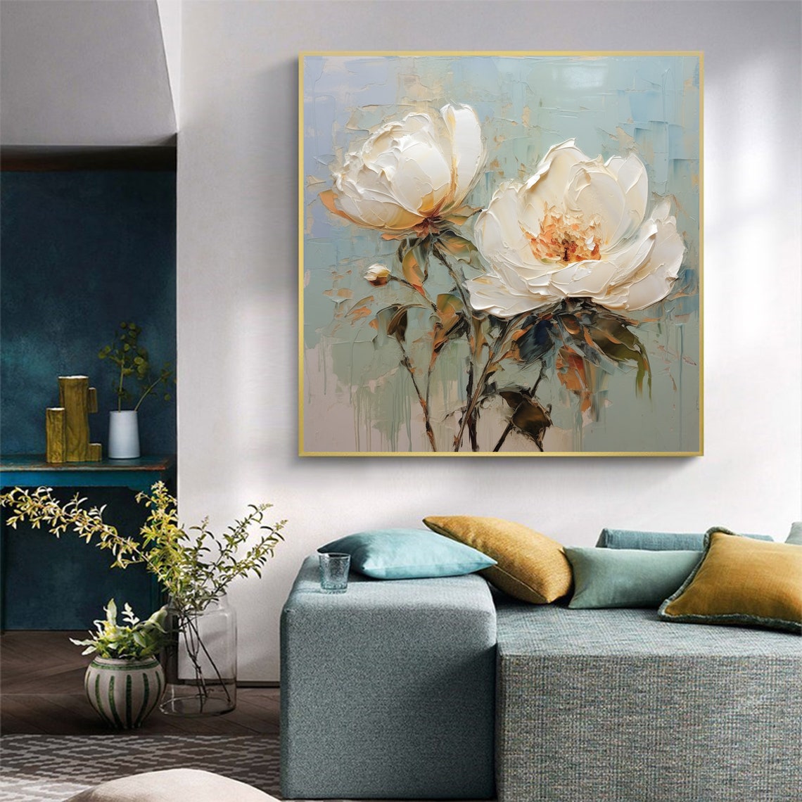 White Peony Blossoms Blue Gray Soft Textured Floral Art Poster - Image 7