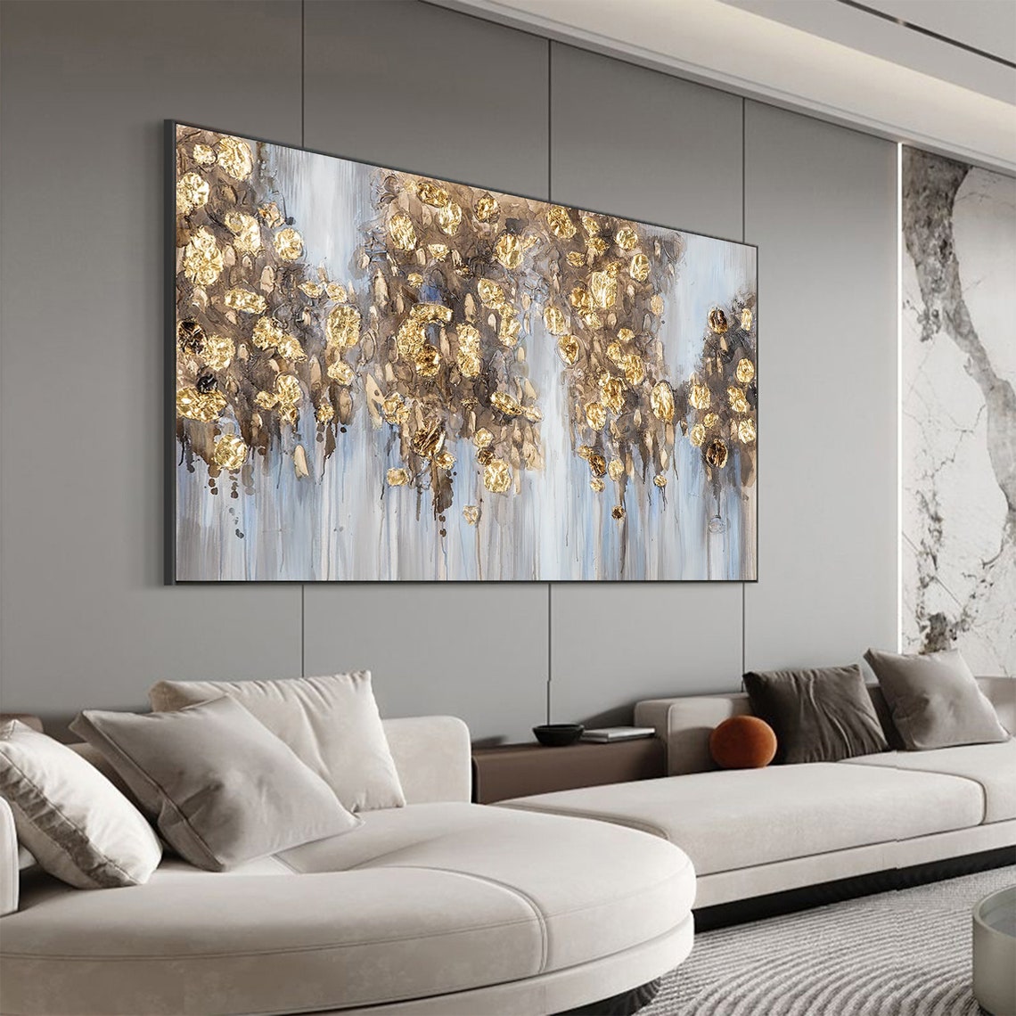 Gold Leaf Rain Abstract on Gray Textured Oil Painting Poster - Image 6