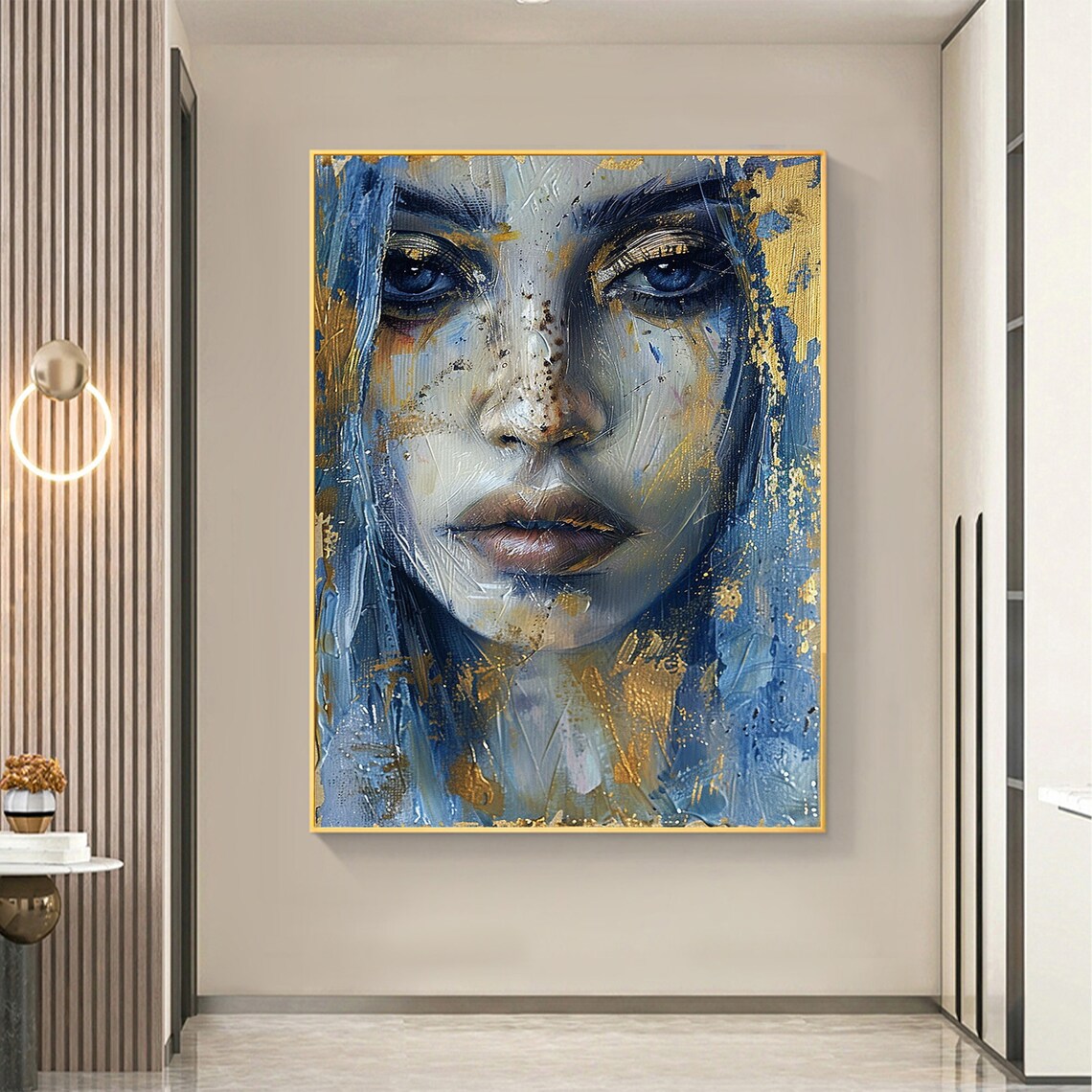 Blue Eyed Woman Face Gold Accents Textured Portrait Art Poster - Image 5