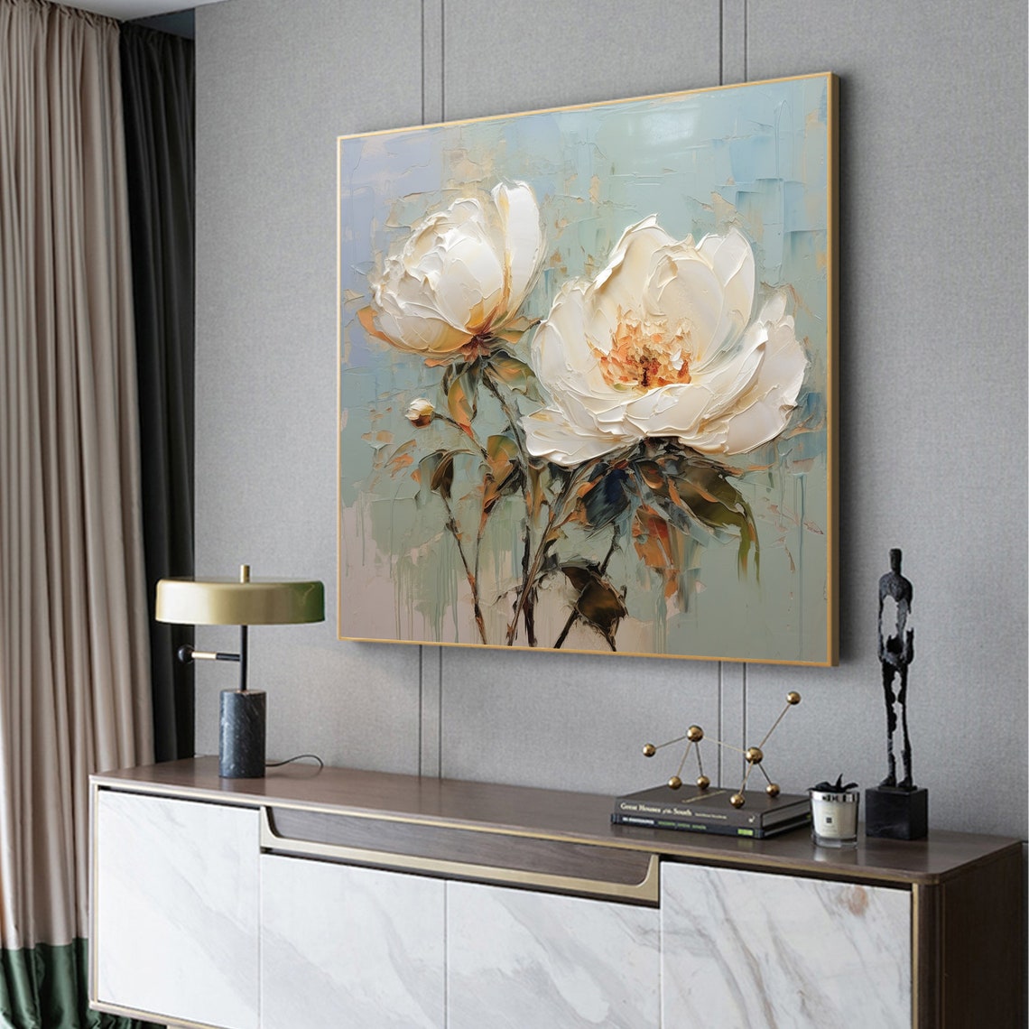 White Peony Blossoms Blue Gray Soft Textured Floral Art Poster - Image 2