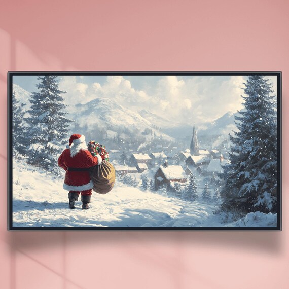 Santa Claus with Toy Sack Walking to Snowy Mountain Village Poster