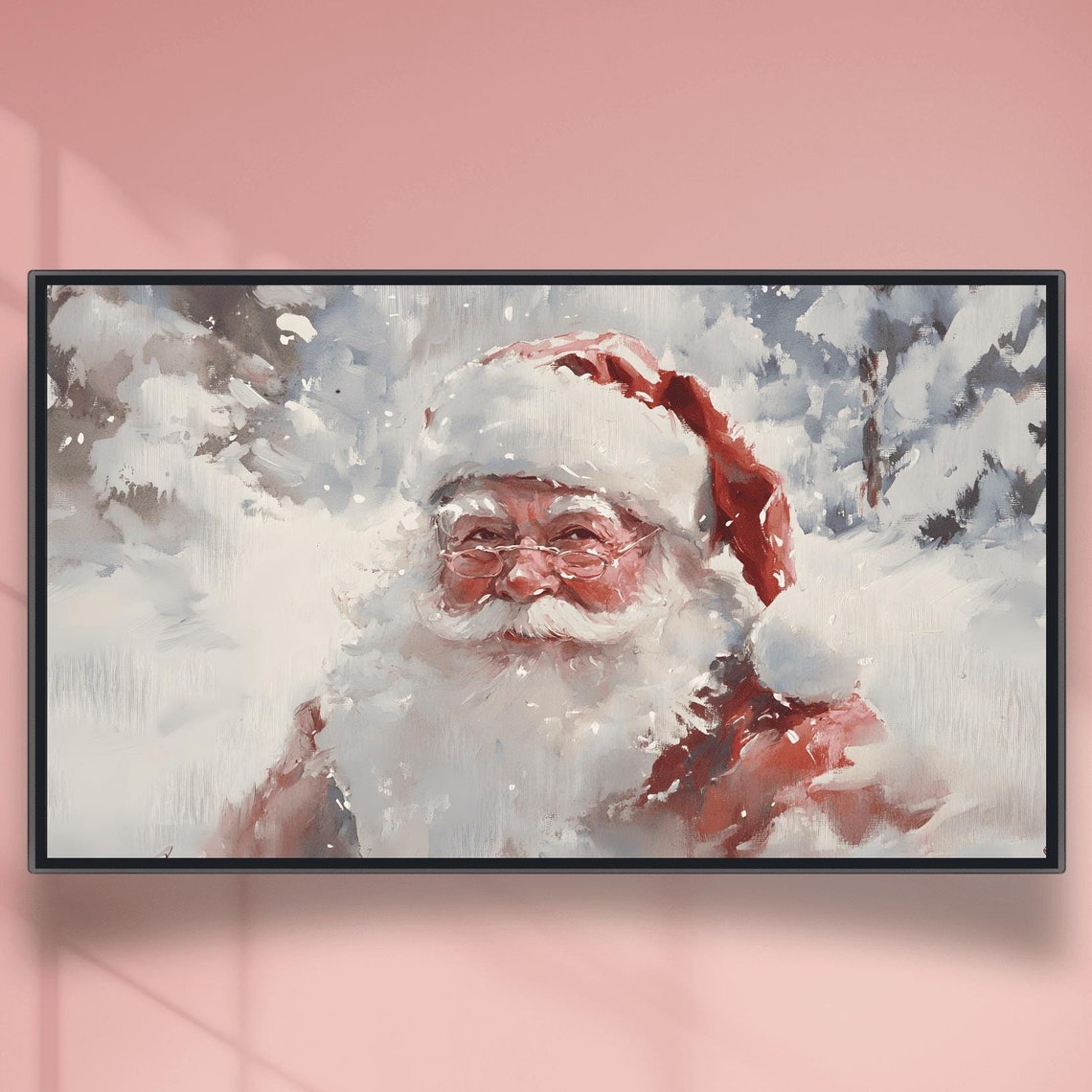Santa With Glasses Smiling In Snowy Forest Watercolor Poster
