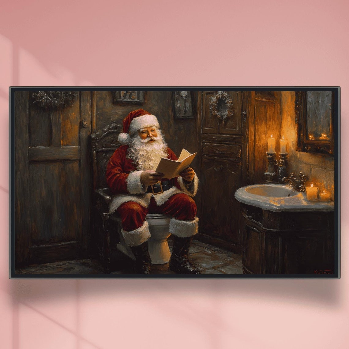 Santa Reading In Candlelit Bathroom Funny Christmas Scene Poster